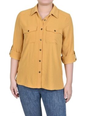 NY Collection Mustard Button-Down Roll Tab Utility Shirt Size PXL